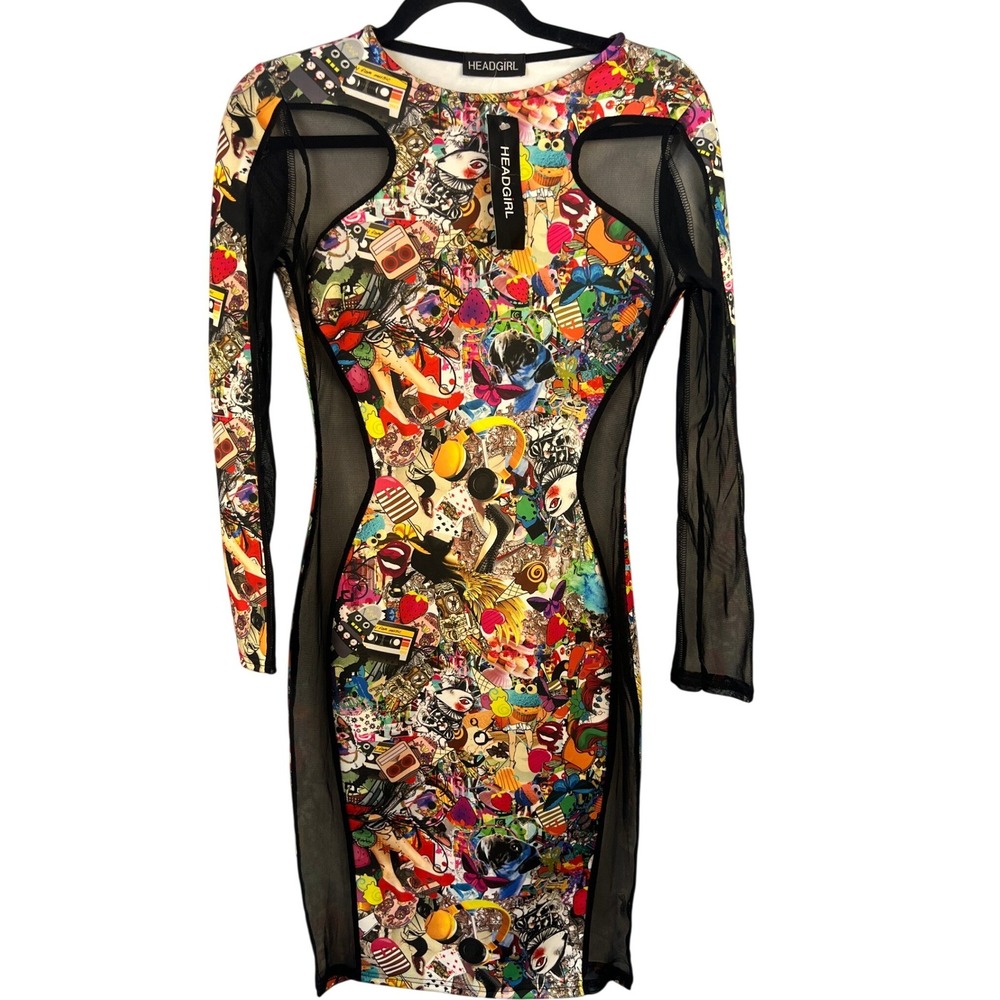 NWT Headgirl Bodycon Long Sleeve Mesh Dress with Graphic Pop Culture‎ Print